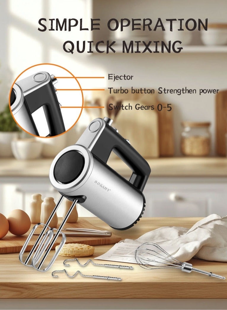 sokany Hand Mixer,5 Speed Electric Mixer with Copper Motor, Eject Button and Turbo Function, Perfect For Kneading Dough, Mixing Batter, Whisking Eggs, Etc. Includes 1 Egg Whisk,2 Hooks and 2 Beater Heads,SK-02017,Silver & Black - Image 2